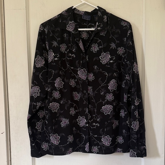 Laura Scott Tops - Laura Scott Black Button-Up Shirt with Lavender Floral Print